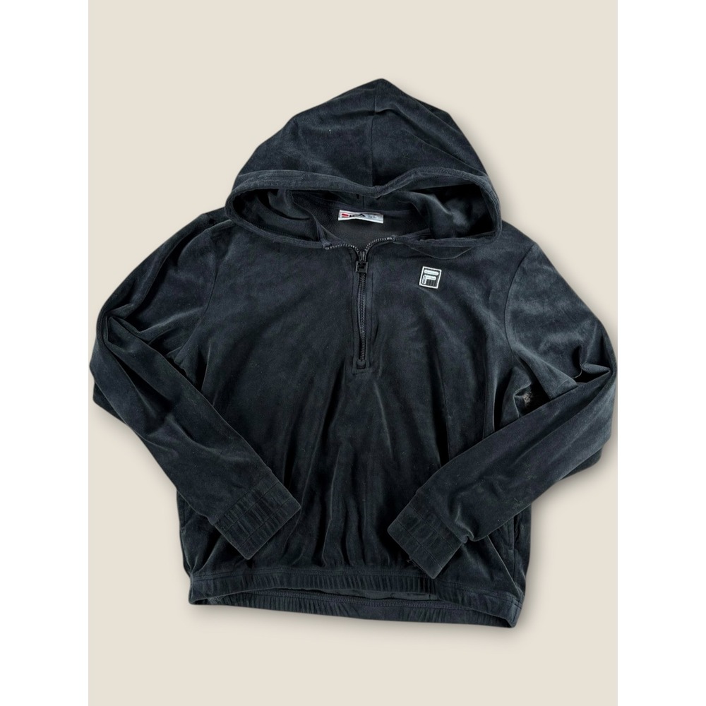 Fila Womens Black Velour Quarter Zip Hoodie Sweatshirt Size Small